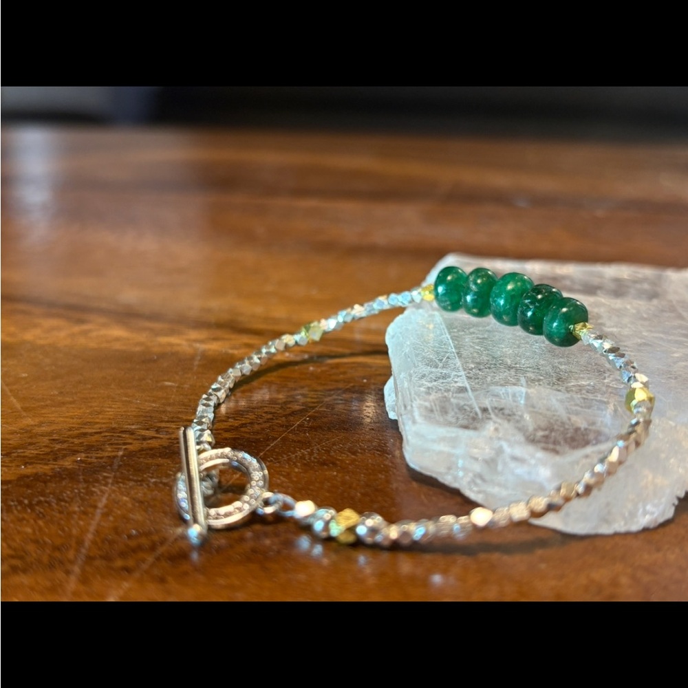 Genuine Emerald Rondelle & Silver Faceted Bead Bracelet Delicate Handmade - Picture 11 of 11